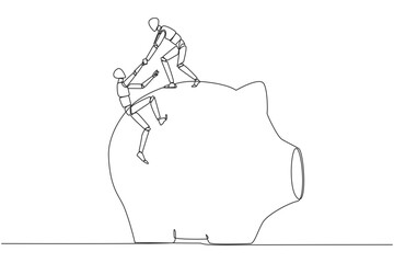 Poster - Continuous one line drawing robot helps colleague climb the big piggy bank. Remind each other in kindness. Investment for the future. Super great teamwork. Single line draw design vector illustration
