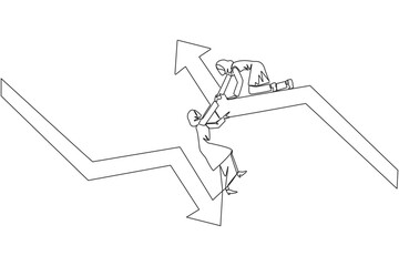 Poster - Single one line drawing Arab businesswoman helps colleague climb arrow symbol. Teamwork to raise better level together. Best partner ever. Maintain cohesiveness. Continuous line graphic illustration