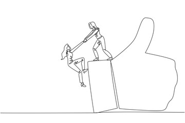 Poster - Continuous one line drawing businesswoman helps colleague climb finger gesture thumbs up. Working together towards success. Positive vibes. Cohesiveness. Single line draw design vector illustration