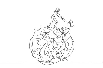 Poster - Continuous one line drawing businesswoman helps colleague climb big heavy messy circle. Teamwork eliminates anxiety. Eliminate stress to focus on business. Single line draw design vector illustration
