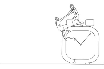 Poster - Single one line drawing Arabian businessman helps colleague climb alarm clock. Helping coworkers. Deadline is coming. Work together for better end result. Continuous line design graphic illustration