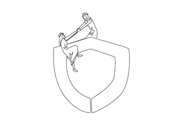 Poster - Single one line drawing Arabian businessman helps colleague climb the big shield. Teamwork keeps colleagues safe from evil businessman. Helping each other. Continuous line design graphic illustration