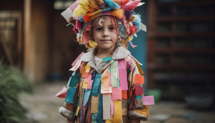 Poster - Smiling children playing outdoors in colorful autumn nature celebration generated by AI