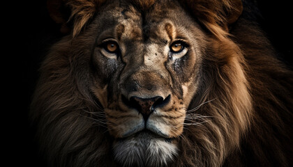 Poster - Majestic lion staring with aggression, alertness in wilderness savannah generated by AI