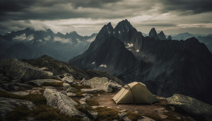 Poster - Mountain climbers rest in dome tent high up on cliff generated by AI