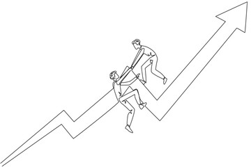Poster - continuous one line drawing businessman helps colleague to climb the rising arrow symbol. help each 