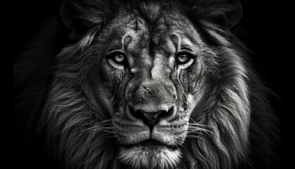 Poster - Majestic black and white lion staring at camera in Africa generated by AI