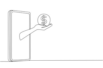 Aufkleber - Continuous one line drawing the hand comes out from the middle of the smartphone holding the coin. No need to pay a fortune because get lots of discounts. Single line draw design vector illustration