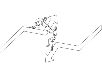 Poster - Single continuous line drawing businessman helps colleague climb arrow symbol. Teamwork to raise a better level together. Best partner ever. Maintain cohesiveness. One line design vector illustration