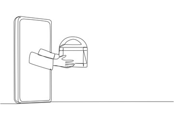 Poster - single continuous line drawing hand comes out from middle of the smartphone holding treasure chest. 