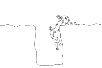 Poster - Single one line drawing businessman helps colleague climb a wide hole. Teamwork helps colleagues who have fallen. Inviting success together. Cohesive. Continuous line design graphic illustration