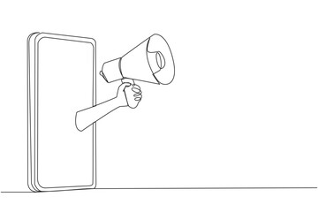 Poster - Single continuous line drawing hand comes out from middle of the smartphone holding megaphone. Massive discount information distributed through online application. One line design vector illustration