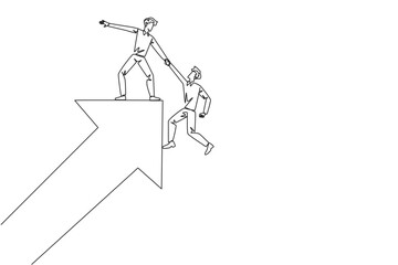 Poster - Single continuous line drawing businessman helps colleague climb rising arrow symbol. Compact team work. Positive effect on the company. Complete work correctly. One line design vector illustration