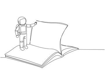 Poster - continuous one line drawing astronaut standing over open ledger turning page. read slowly to underst