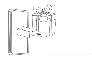 Poster - Continuous one line drawing hand comes out from middle of the smartphone holding package box. Safe packaging ensure purchases arrive safely. Online stuff. Single line draw design vector illustration