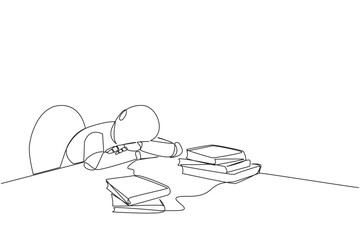 Poster - Single continuous line drawing smart robotic asleep at table where there were piles of books. Tired after successfully finish favorite reading book. Love reading. One line design vector illustration