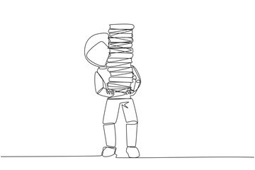 Poster - Single continuous line drawing astronaut carrying tall stack of books covering itself. Newly purchase book from bookstore. Read books one by one at home. Reading. One line design vector illustration