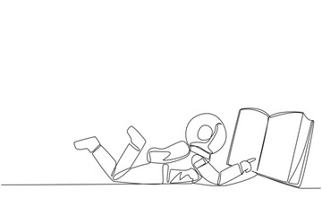 Poster - Continuous one line drawing astronaut lying on stomach reading big book. Enjoy reading book in a variety of styles. Reading increases insight. Love reading. Single line draw design vector illustration