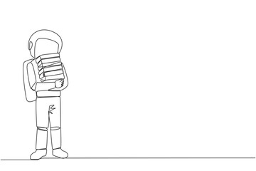 Poster - Single one line drawing astronaut standing hug some books. Favorite book that finish reading. Some books will be donated to national library. Charity. Knowledge. Continuous line graphic illustration