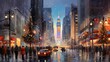 Illustrate a bustling cityscape with skyscrapers and storefronts adorned with dazzling holiday lights. Generative AI