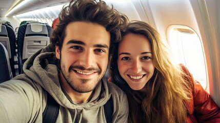 Wall Mural - Happy tourist taking selfie inside airplane - Cheerful couple on summer vacation - Passengers boarding on plane - Holidays and transportation concept