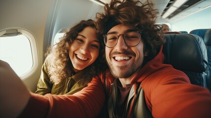 Wall Mural - Happy tourist taking selfie inside airplane - Cheerful couple on summer vacation - Passengers boarding on plane - Holidays and transportation concept