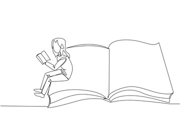 Poster - single continuous line drawing serious woman sitting on the edge of a large open book. study before 