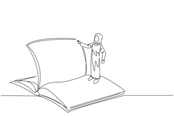 Poster - continuous one line drawing arab woman standing over open ledger turning page. read slowly to unders