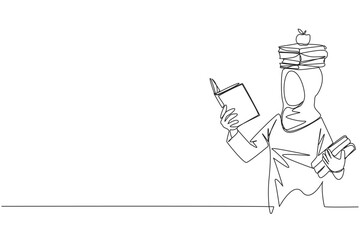 Poster - Single one line drawing Arab woman reading book practicing balance. Stack books on top of head along with the apple. Balancing reading rhythm, train focus. Continuous line design graphic illustration
