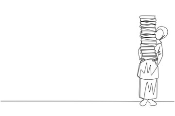 Wall Mural - Single continuous line drawing Arab woman carrying tall stack of books covering herself. Newly purchase book from bookstore. Read books one by one at home. Reading. One line design vector illustration