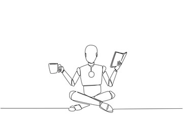 Poster - single one line drawing smart robot sitting cross-legged reading book. accompanied by mug of coffee 