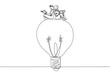 © Simple Line - Single continuous line drawing Arabian man woman sitting on big lightbulb. Read with focus and serious. Metaphor looking for brilliant idea from scientific books. Book festival. One line design vector