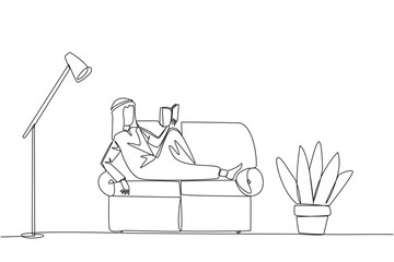 Poster - single continuous line drawing arabian man sitting stretched out on sofa reading book. really like c