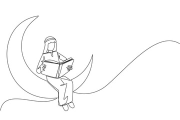 Poster - Single one line drawing Arab man sitting on crescent moon reading a book. Metaphor of reading a fairy story before sleeping. Read until late. Love reading. Continuous line design graphic illustration