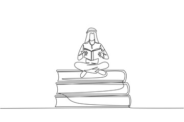 Poster - single one line drawing arab man sitting cross-legged on pile of large books. read comic. read textb