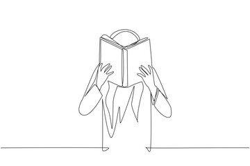 Poster - continuous one line drawing arabian man seriously reading book until cover the face. nervous when fa