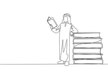 Poster - single one line drawing arabian man standing reading a book while leaning against a pile of large bo