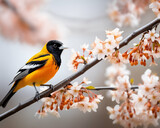 Fototapeta Mapy - Beautiful Baltimore Oriole. bird in wild nature sitting on a flowering tree