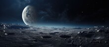 Moon And Earth At Night With Craters In Black Space