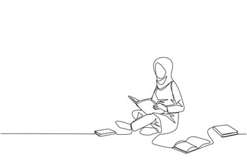 Poster - continuous one line drawing arabian woman sitting relax in library reading lot of books. looking for