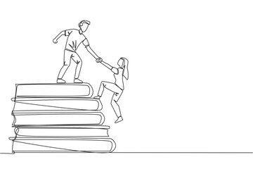 Poster - single continuous line drawing man helps woman climb a pile of books. the concept of helping each ot