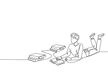 Poster - Single one line drawing man who really likes reading. Everyday one book is read. Good habit. There is no day without reading book. Book festival concept. Continuous line design graphic illustration