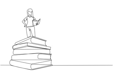 Wall Mural - Continuous one line drawing woman standing on pile of books reading fiction story book. Intrigued by book series. Read anywhere to finish reading. Reading. Single line draw design vector illustration