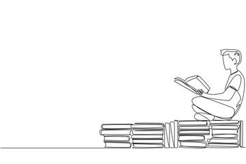 Poster - Single one line drawing man sitting relaxed reading a book on pile of books. Relax while reading fiction books. Enjoy the storyline. Book festival concept. Continuous line design graphic illustration