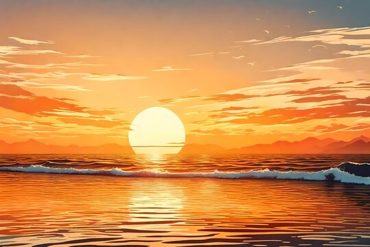 Bright sunset in a vintage style with reflections on the sea or ocean, vector image