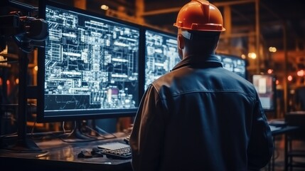 Aufkleber - Engineer checking on big screen monitor computer for control machine in factory.