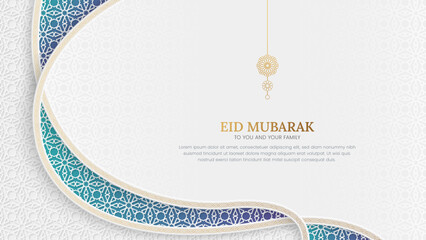 Sticker - Eid Mubarak Islamic colorful background with interlaced arabesque border and Arabic style pattern