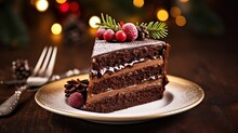 Chocolate Cake With With Berries, Strawberries And Cherries. Cake On A Dark Brown Background. Copy Space	