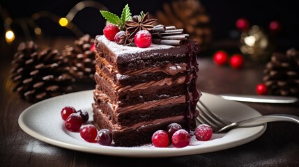 Wall Mural - Chocolate cake with with berries, strawberries and cherries. cake on a dark brown background. copy space	