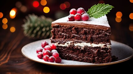 Wall Mural - Chocolate cake with with berries, strawberries and cherries. cake on a dark brown background. copy space	